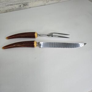 Crown Crest Sheffield England Japan Carving Knife Fork Set Faux Staghorn Antler